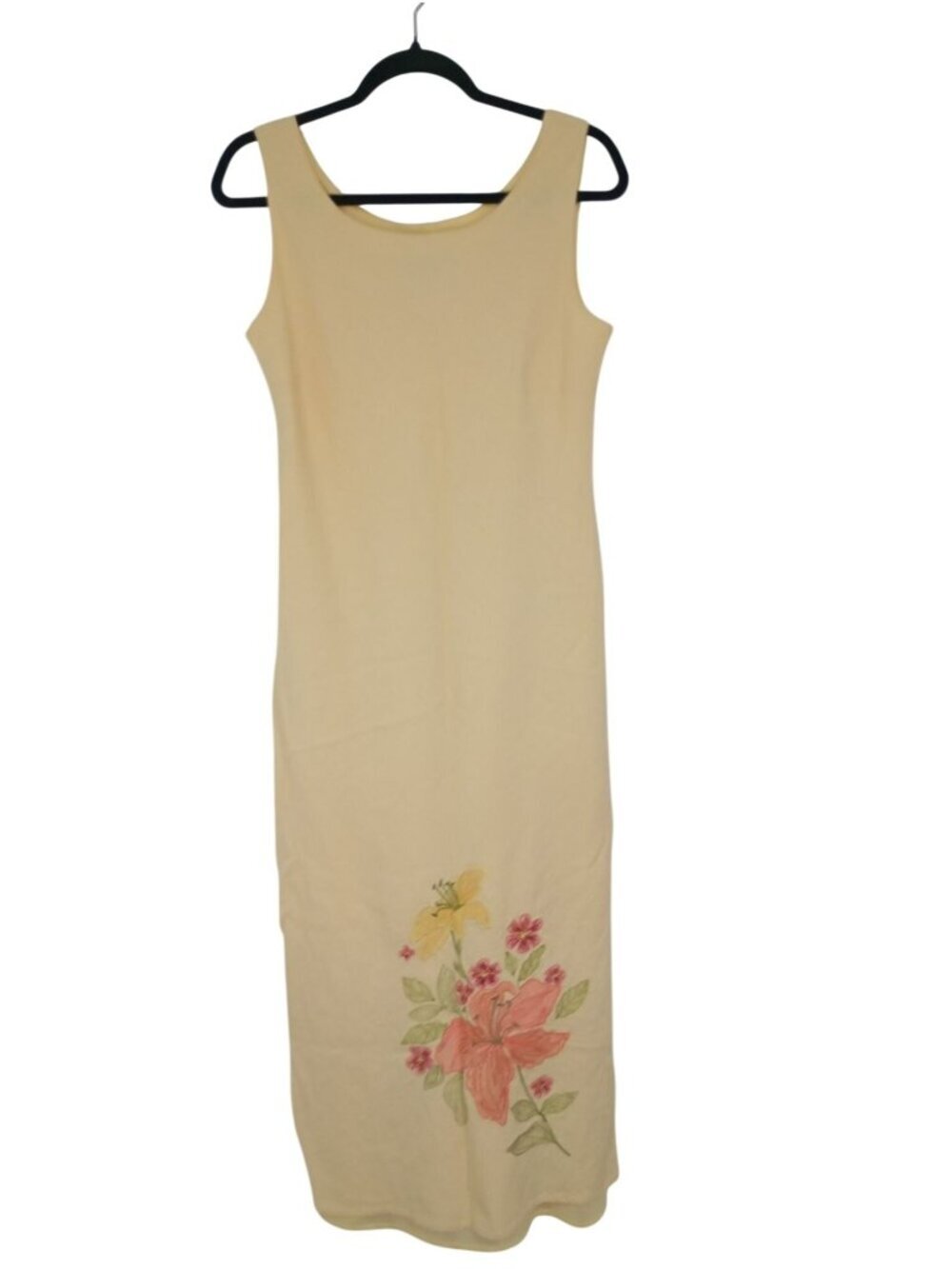 Plaza South Yellow Sleeveless Linen Blend Maxi Dress Floral Embroidery Size 8